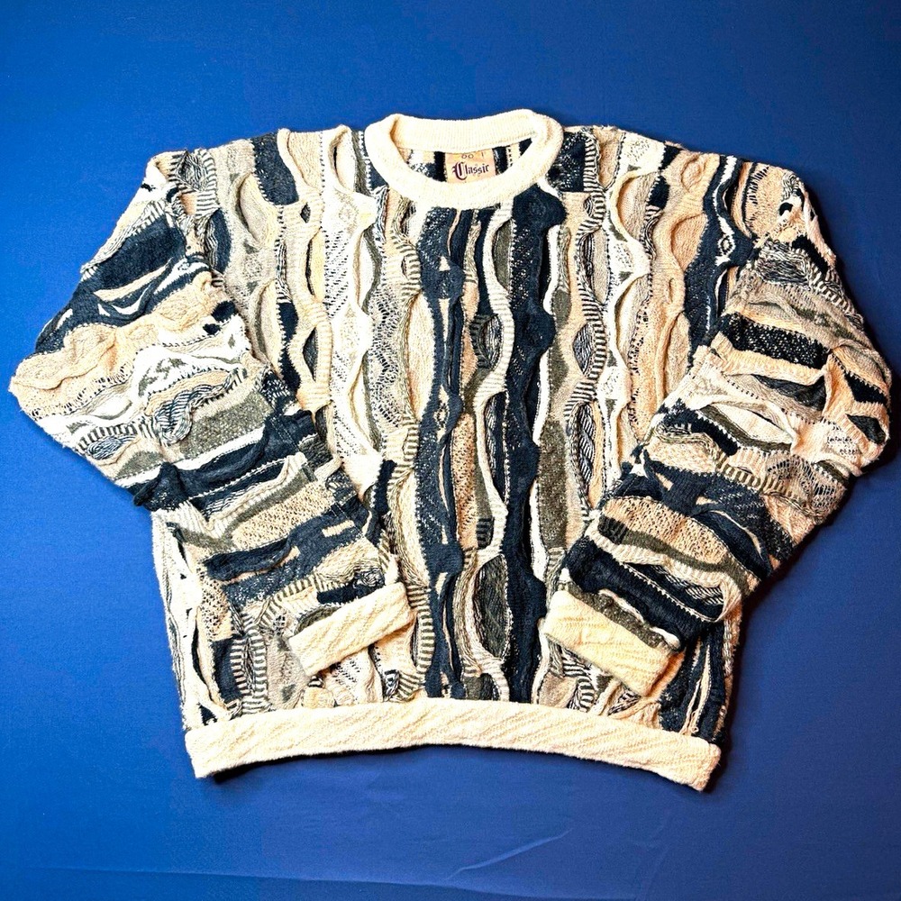 Vintage 90s COOGI Australia 3D Textured Knit Sweater Men's L Black Cream Biggie